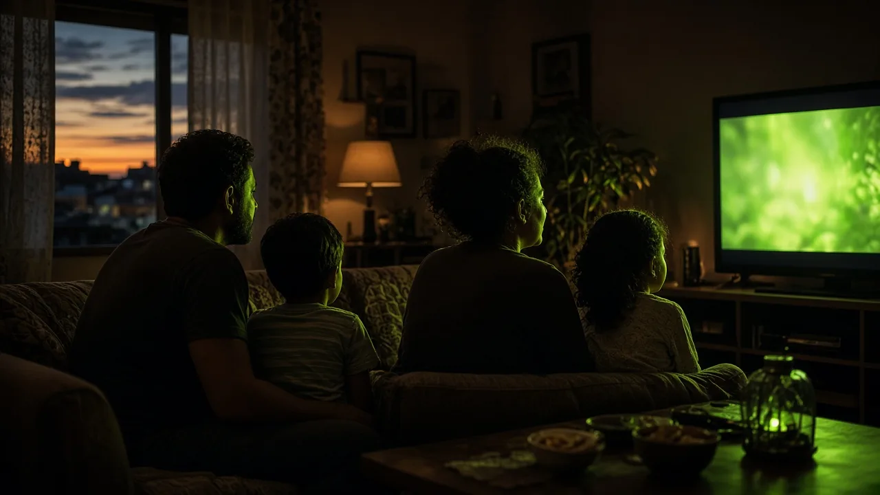 Hispanic family watching television together in a warmly lit living room