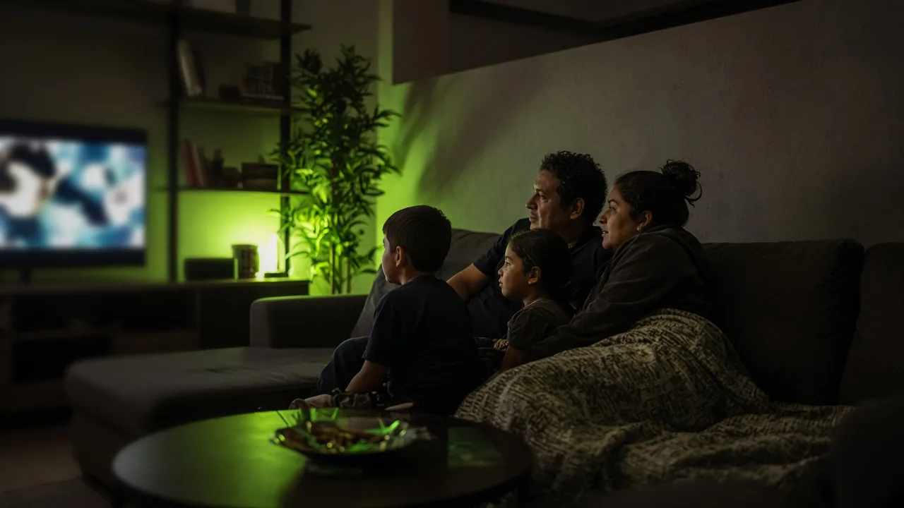 Hispanic family watching television together in a modern living room