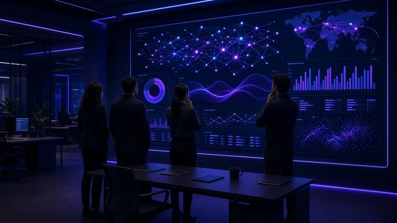 Agency team reviewing a glowing AI marketing dashboard on a large screen in a dark office
