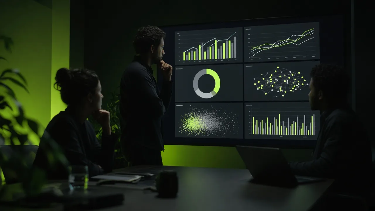 Agency team reviewing an AI marketing dashboard on a large screen in a dark office